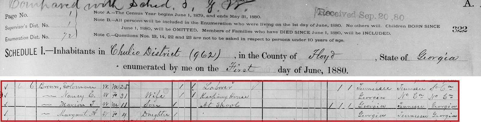 1880 census, Chulio district, Floyd County: Soloman Brown, 25, a laborer from Tennessee, his wife Nancy E