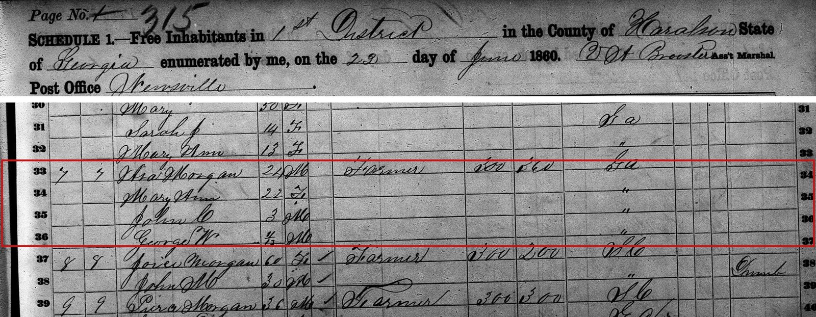 1860 census, Haralson County, Georgia: Asa Morgan, 24, Mary Ann, 22, John C