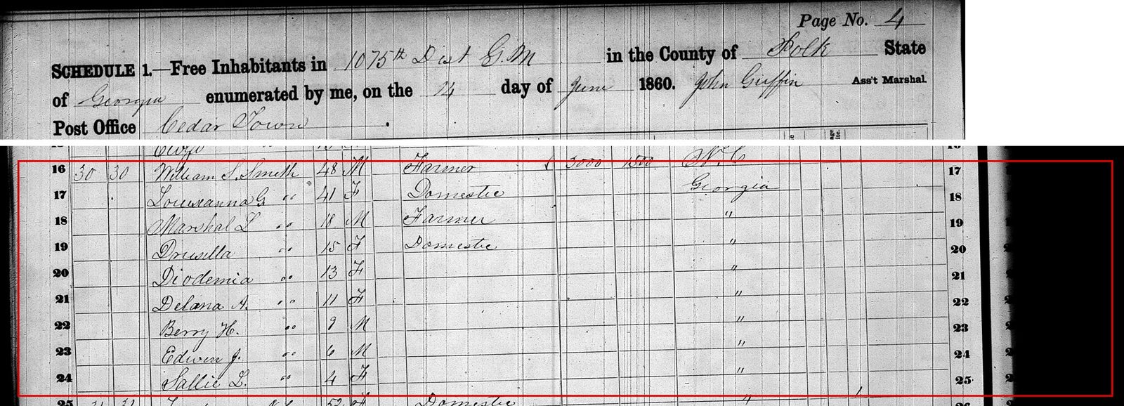 1860 census, Polk County, Georgia (Cedar Town post office): William S
