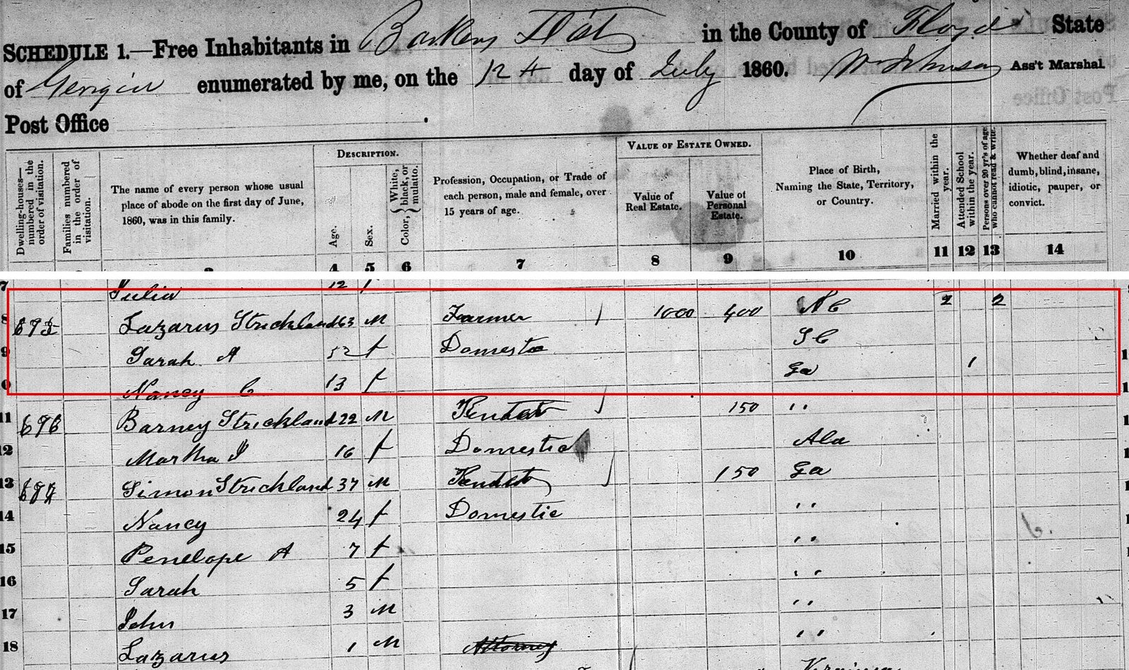 1860 census, Barkers district, Floyd County: Lazarus Strickland and his wife Sarah A