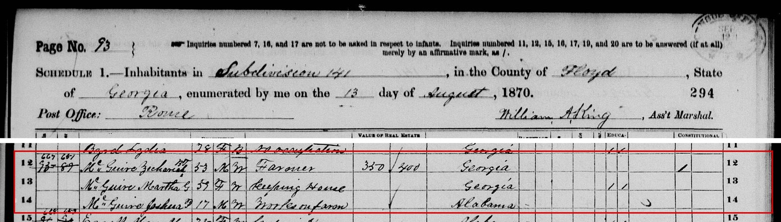 1870 census, Floyd County: Joshua, 17, now written as "Joshua P