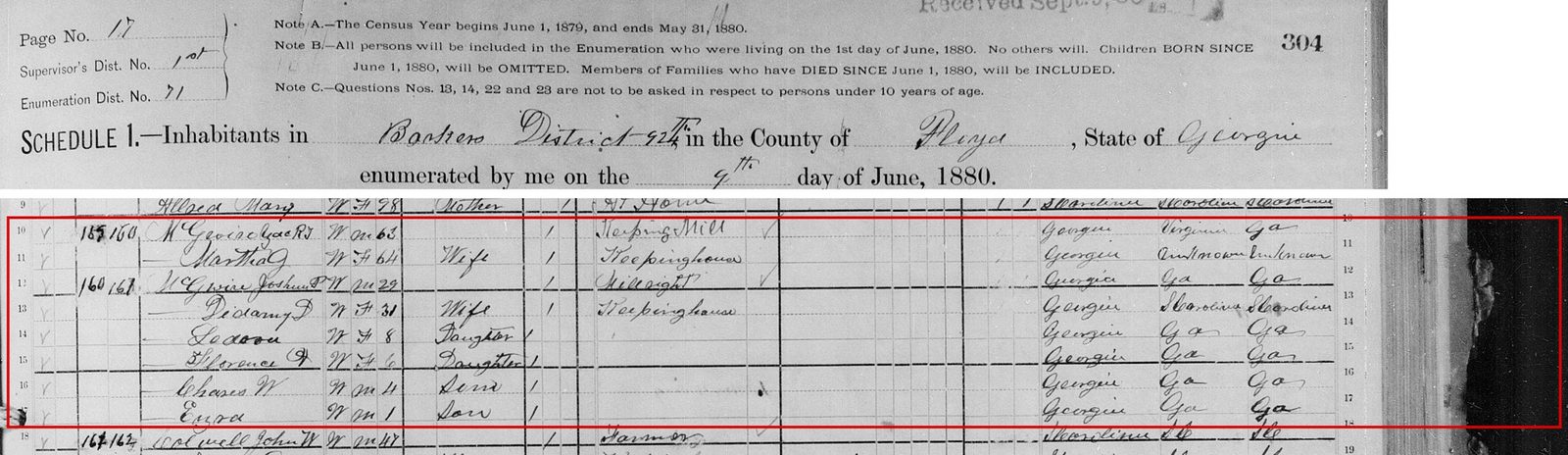 1880 census, Barkers district, Floyd County: "McGuire, Joshua P
