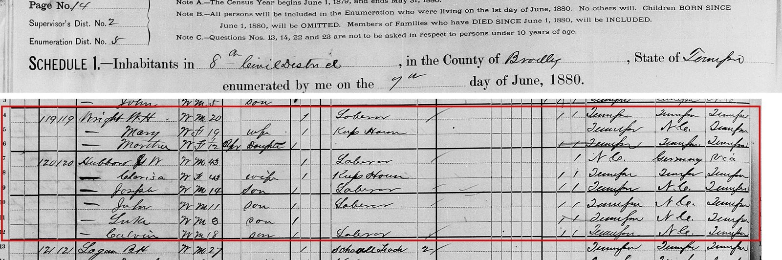 1880 census, Bradley County, Tennessee: W