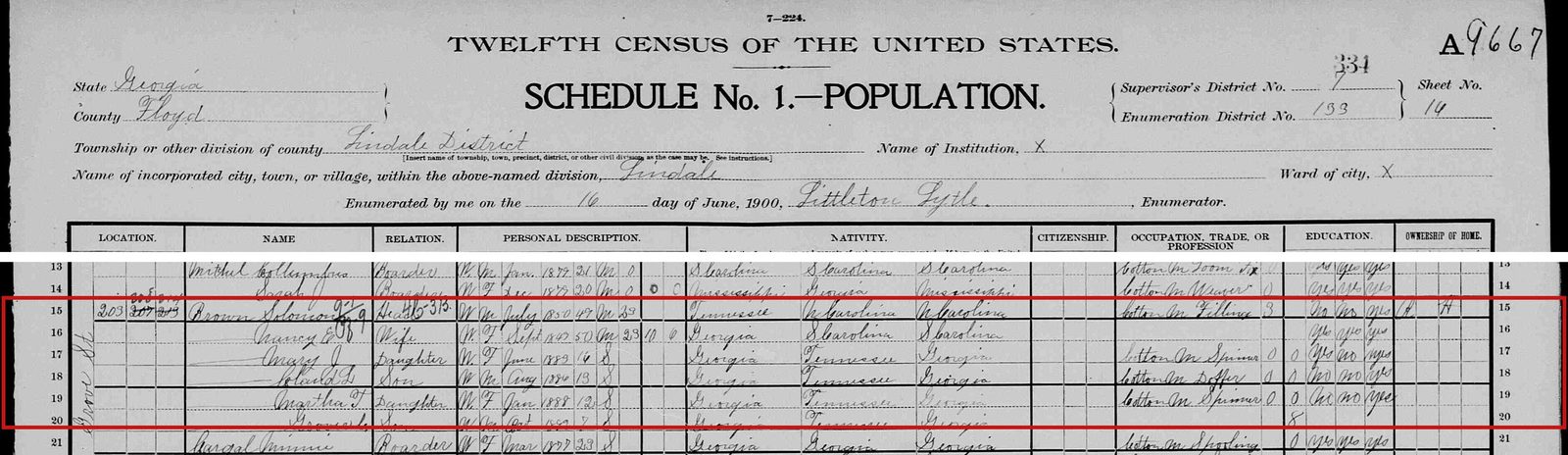 1900 census, Grove Street, Lindale: Solomon Brown, a cotton-mill hand, his wife Nancy E