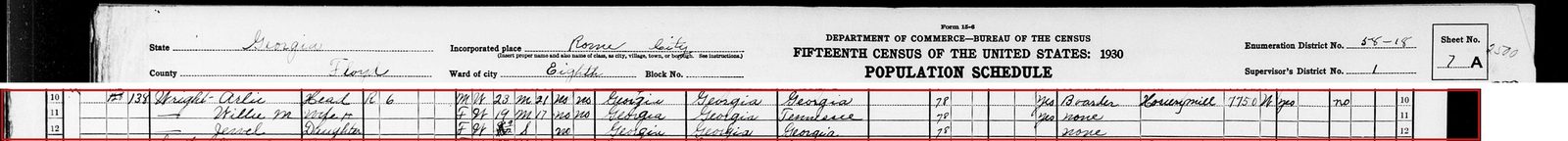 1930 census, April 7, Moore Street in Rome: "Wright, Arlie," 23, a boarder at a hosiery mill; his wife "Willie M