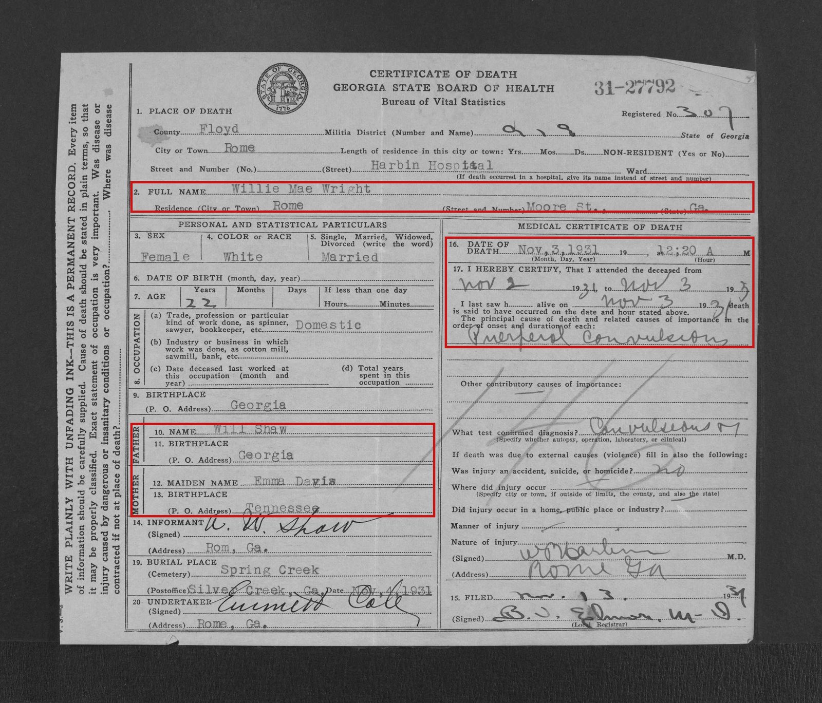 Willie Mae Wright's death certificate: she died November 3, 1931, at Harbin Hospital in Rome, aged 22, of complications of childbirth