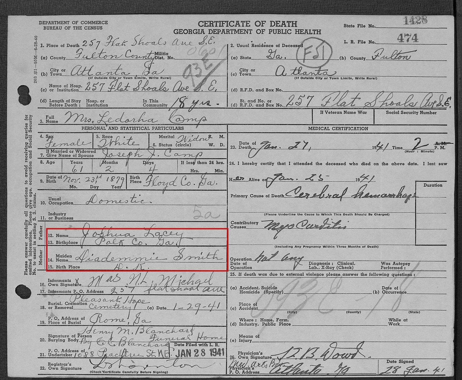 Charles's sister Ledorha Camp died in Atlanta in 1941