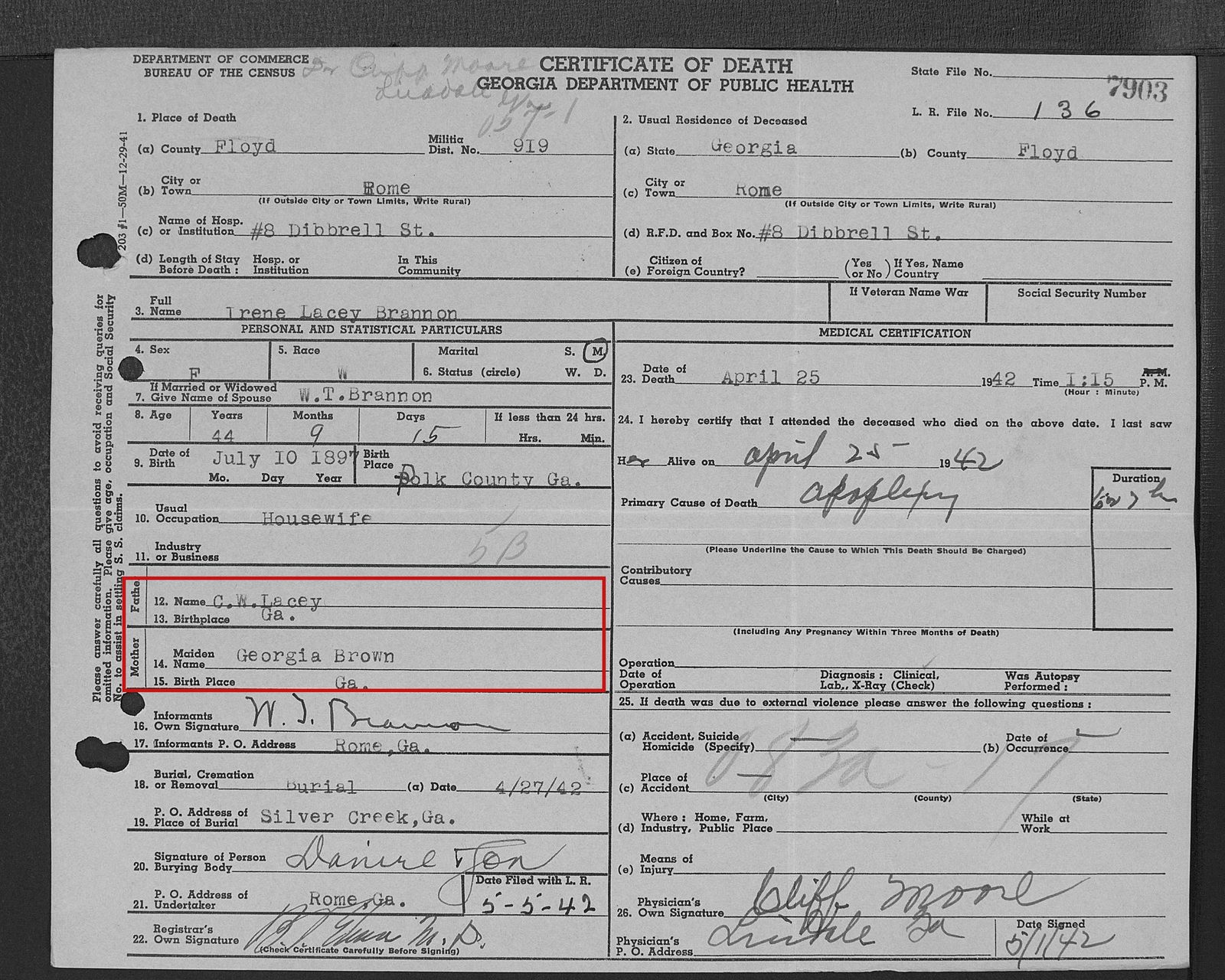 Maude's eldest sister, Irene Lacey Brannon, died in Rome in 1942