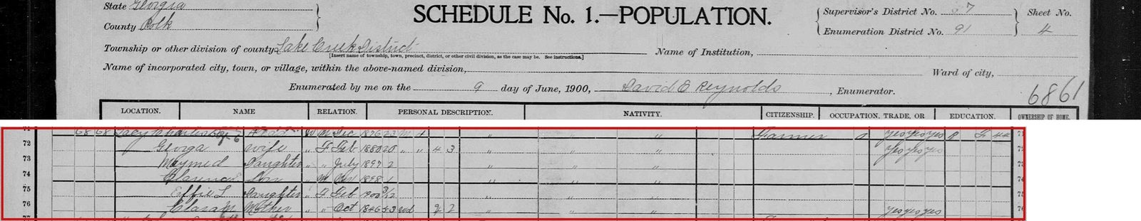 1900 census, Lake Creek, Polk County: Charles Lacy, his wife Georgia, their first three children, and "Clara M