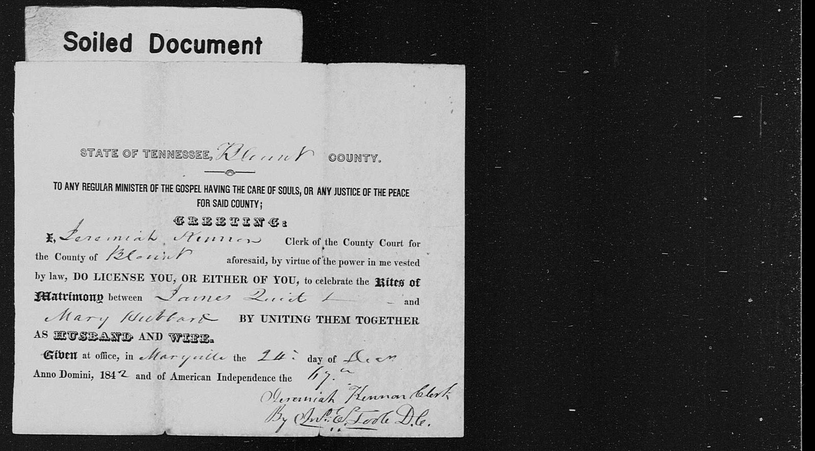 Blount County, Tennessee, December 24, 1842: marriage license for James Quiet and Mary Hubbard