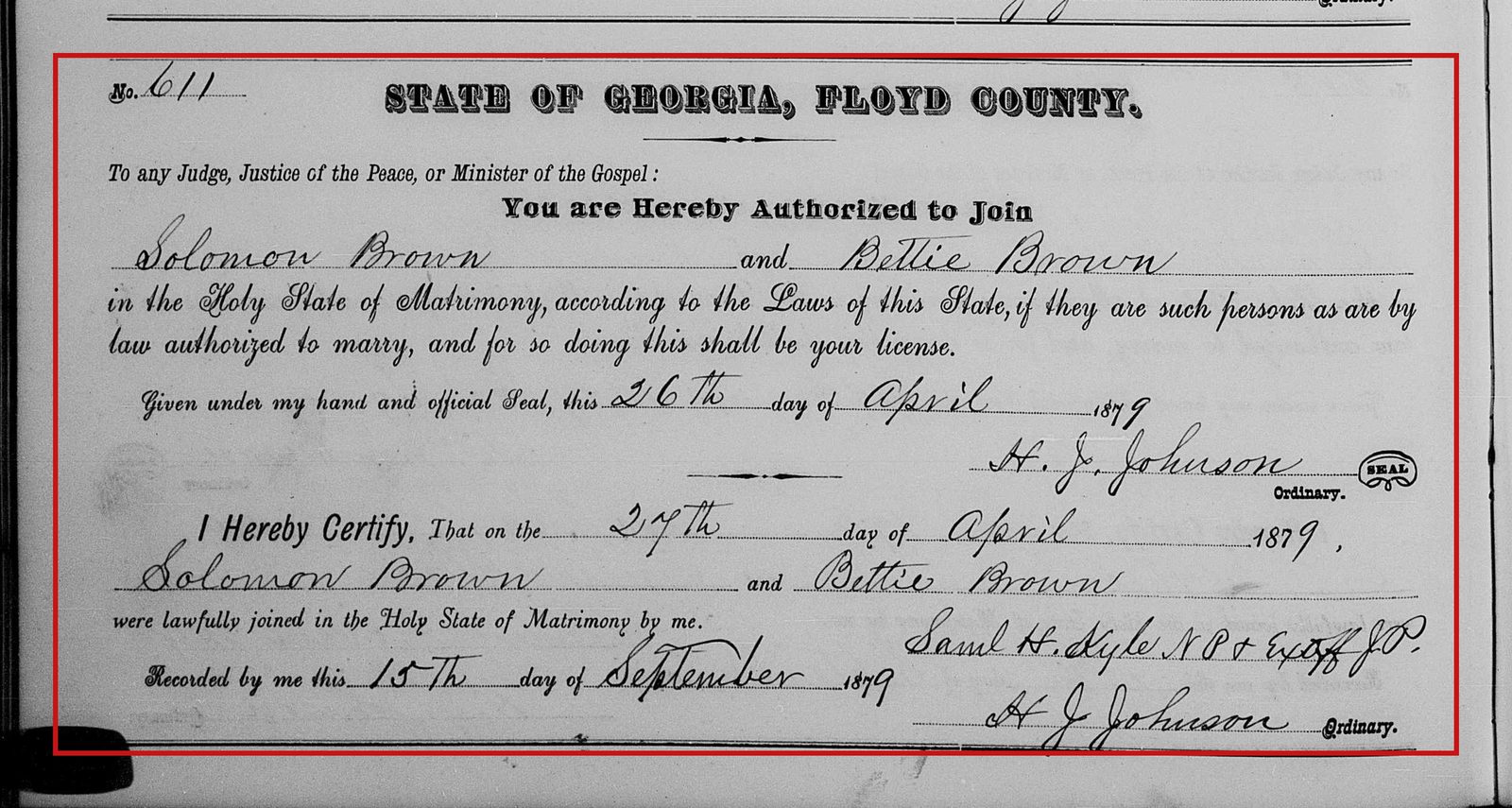 Floyd County, April 27, 1879: Solomon Brown married "Bettie Brown" (Nancy Elizabeth, born Landers, already a Brown by her first marriage)