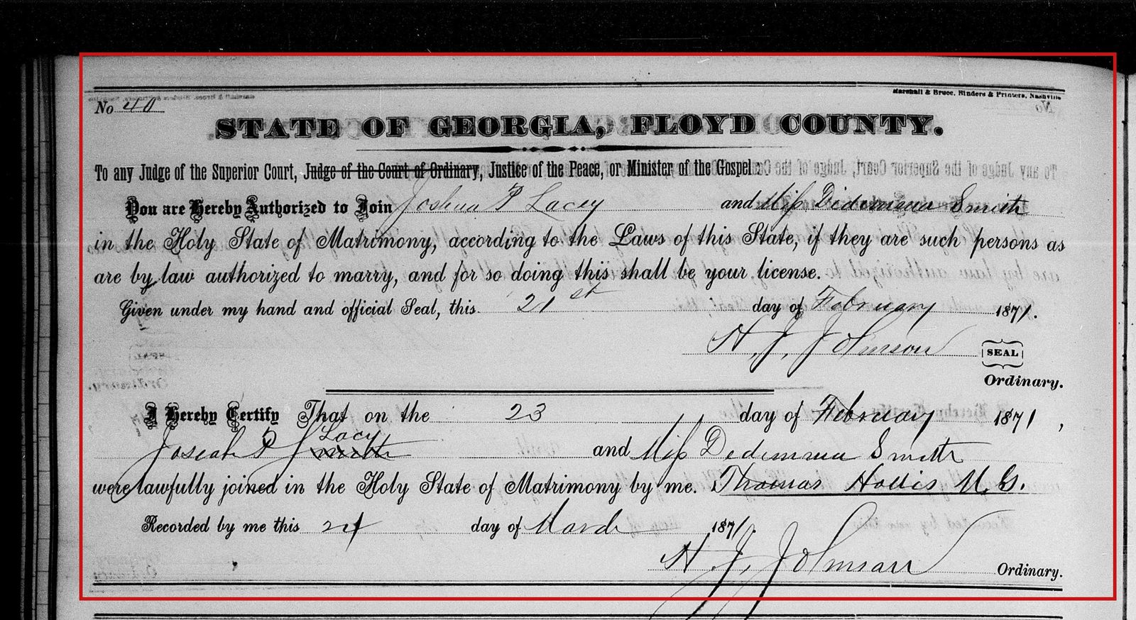 Floyd County, February 23, 1871: Joshua P