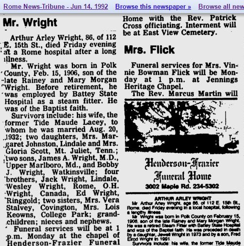 Arthur's obituary, June 14, 1992: born in Polk County on February 15, 1906, "son of the late Rainey and Mary Morgan Wright"; a steam fitter at Battey State Hospital; married to "the former Tide Maude Lacey" on August 20, 1932