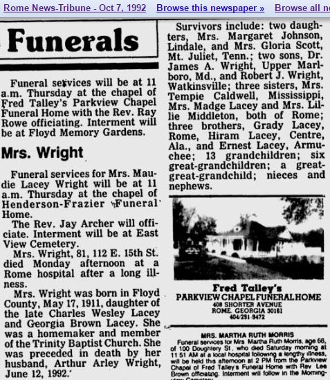 Maude's obituary, October 7, 1992: born May 17, 1911, "daughter of the late Charles Wesley Lacey and Georgia Brown Lacey"; a homemaker and member of Trinity Baptist Church