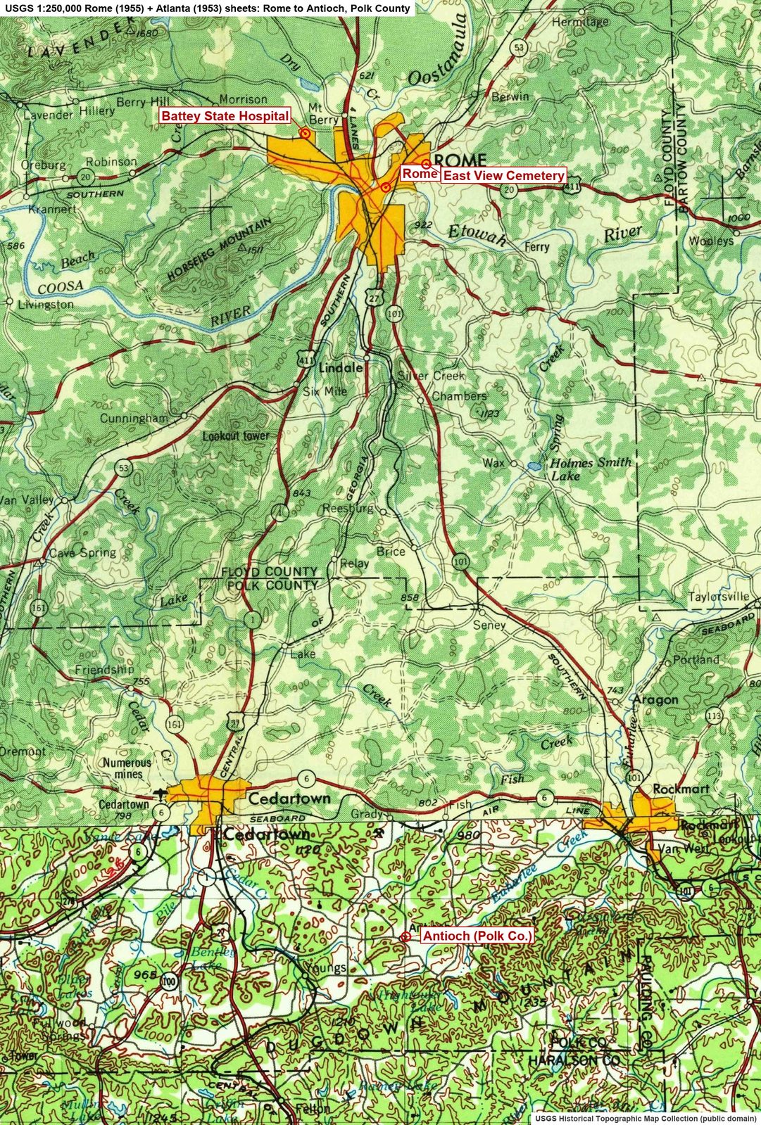 From Rome south into Polk County, where both of Gloria's parents were born: Lake Creek and Antioch (the Laceys) and the Cedartown and Cave Spring country (the Wrights)