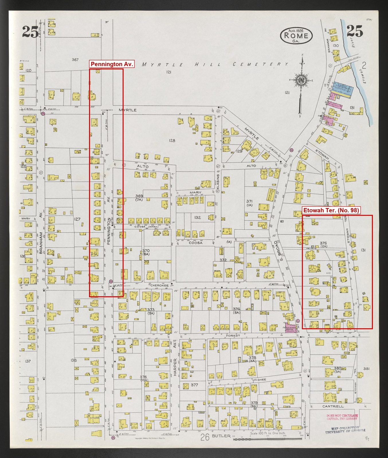 The whole 1926 map sheet for South Rome, with Myrtle Hill Cemetery at the top and the Etowah River at top right
